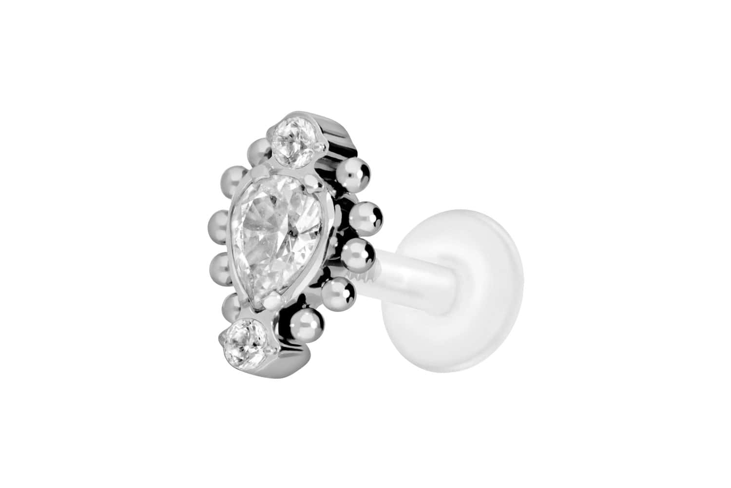 PTFE Labret Piercing mit Innengewinde + Titan-Aufsatz 3 EINGEFASSTE KRISTALLE + KUGELN